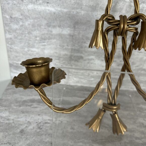 Homco MCM 2 HOME INTERIOR TWISTED ROPE SCONCE DOUBLE TAPER GOLD BOW DESIGN - Picture 5 of 16